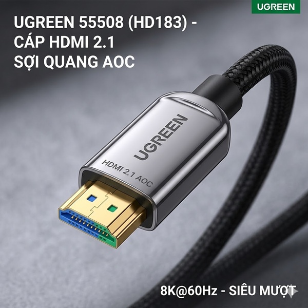 Cáp HDMI 2.1 Sợi Quang AOC Dài 30m UGREEN 55508 (HD183) - Hỗ Trợ 8K@60Hz, Băng Thông 48Gbps